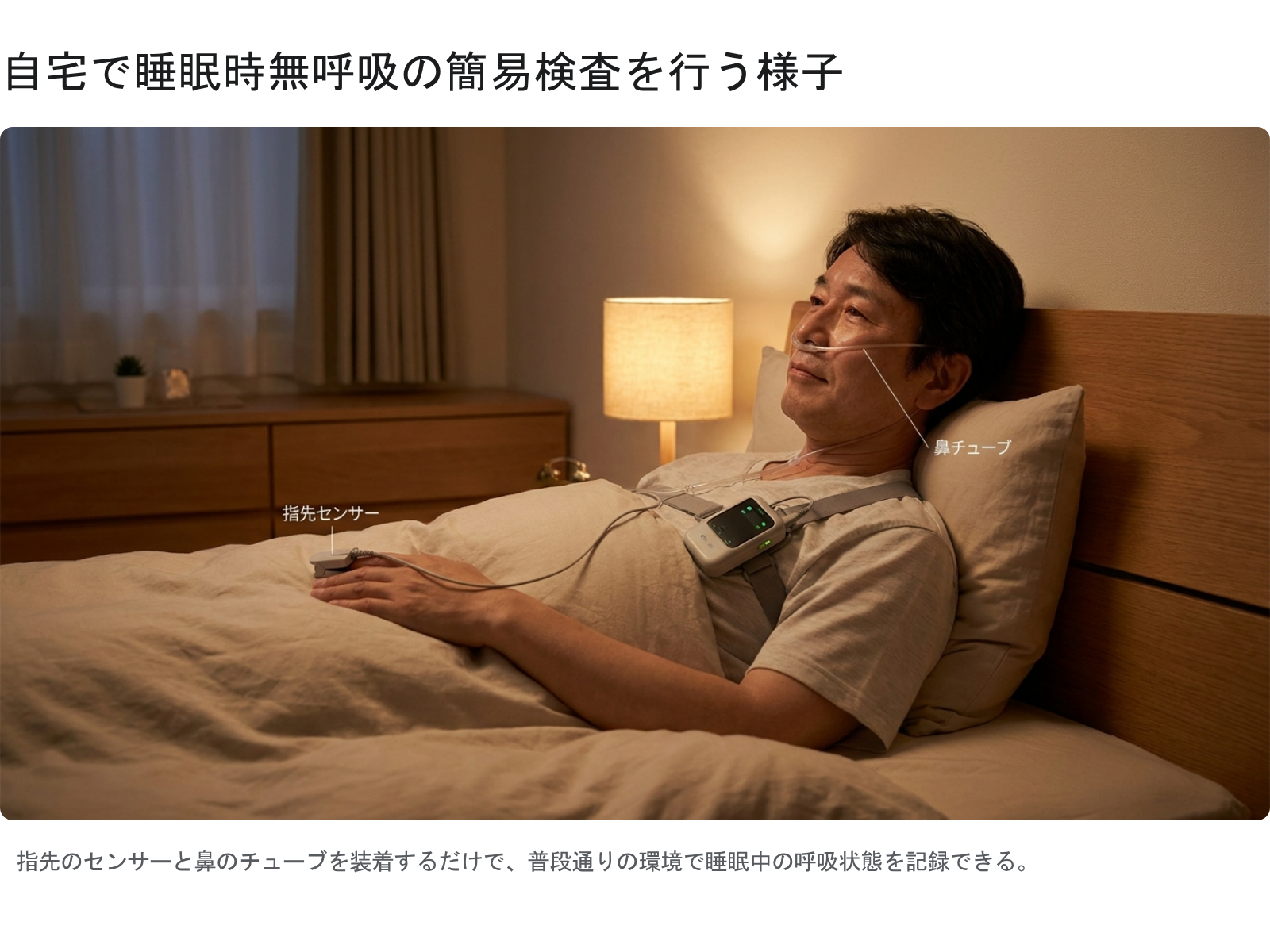 図3 自宅で睡眠時無呼吸の簡易検査を行う様子