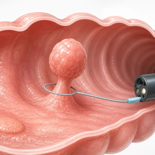 大腸内の有茎性ポリープを内視鏡のスネアで切除する様子と平坦な病変を示した医療イラスト