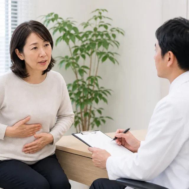 便秘の症状について消化器内科で相談する患者