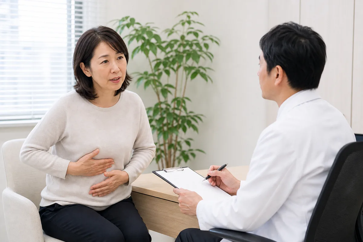 便秘の症状について消化器内科で相談する患者
