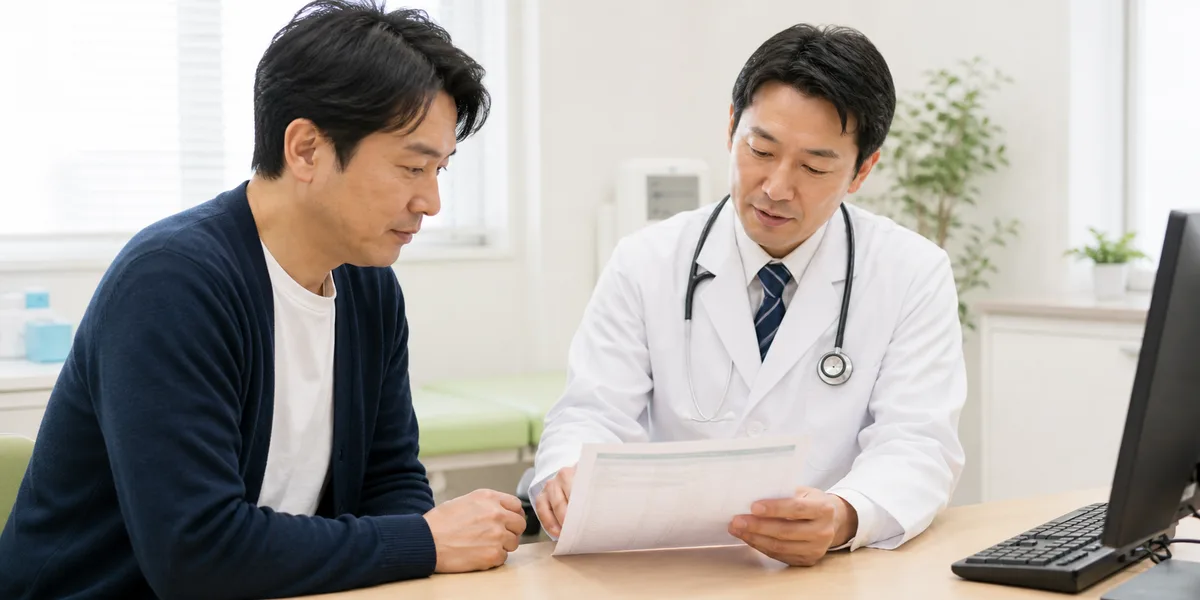 健診で血糖値やHbA1cの高値について医師へ相談する患者