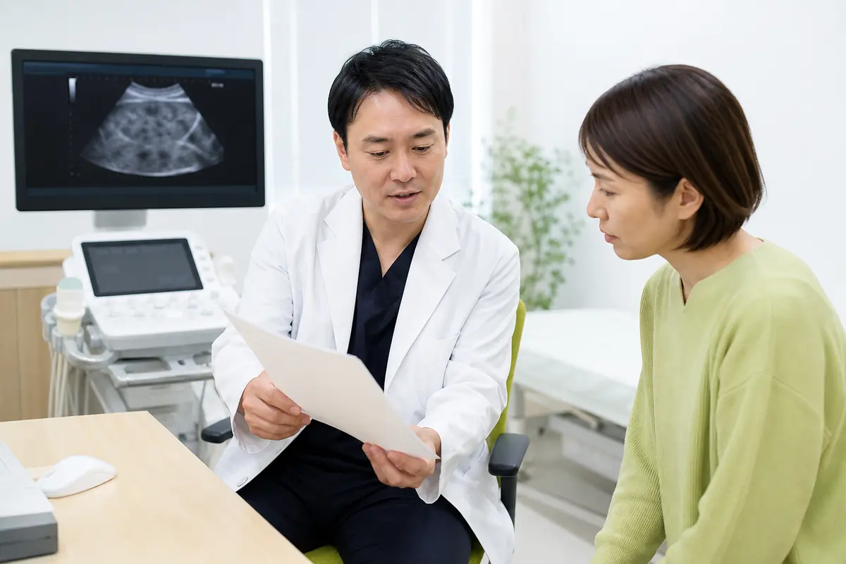 健診結果と腹部超音波検査について医師へ相談する様子