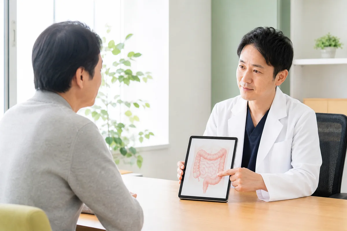 便通やお腹の症状について消化器内科医へ相談する様子