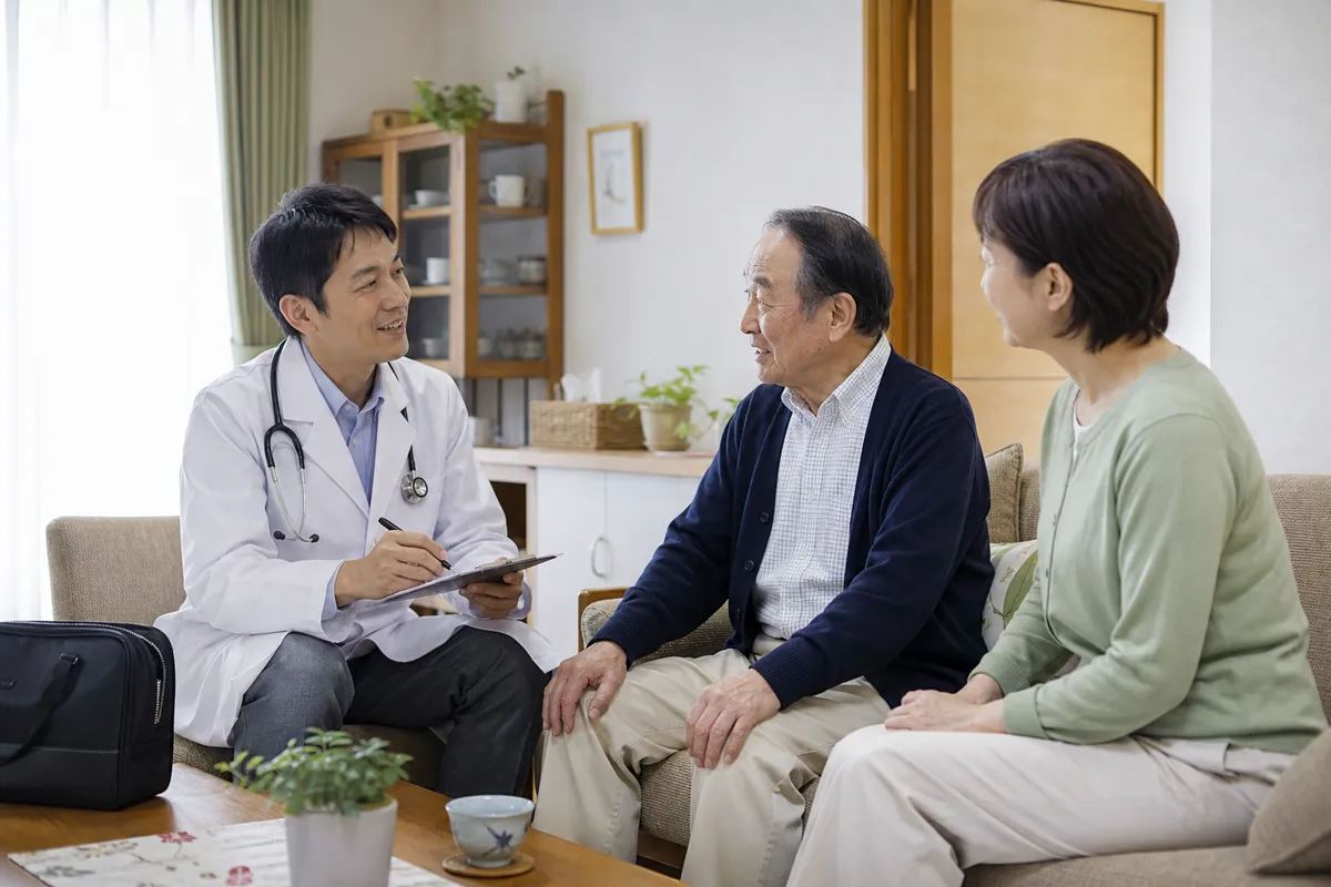 ご自宅で訪問診療について医師へ相談する患者と家族