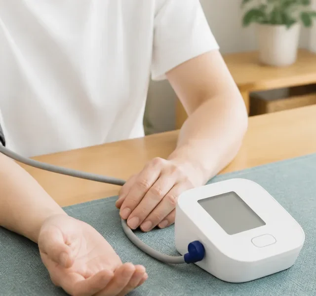 自宅で上腕式血圧計を使い家庭血圧を測定する様子