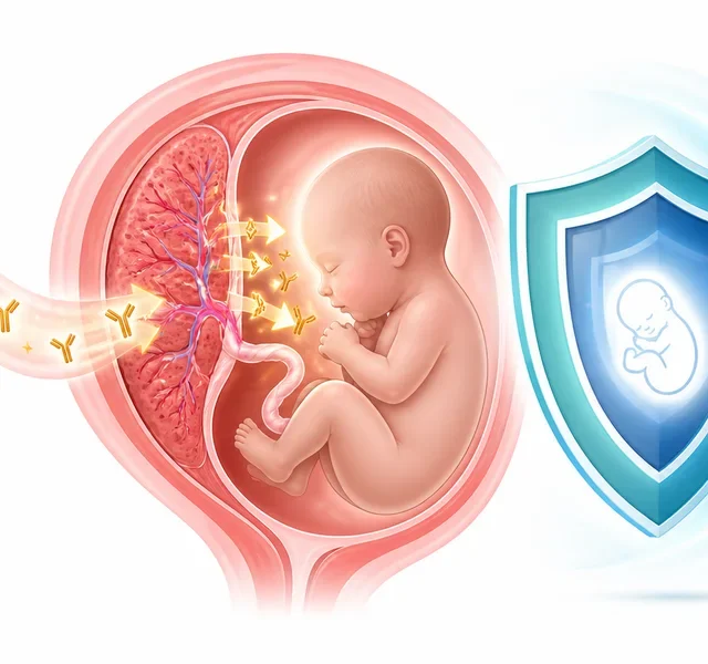 妊婦のRSウイルスワクチンから胎盤を介して赤ちゃんを守る抗体のイメージ