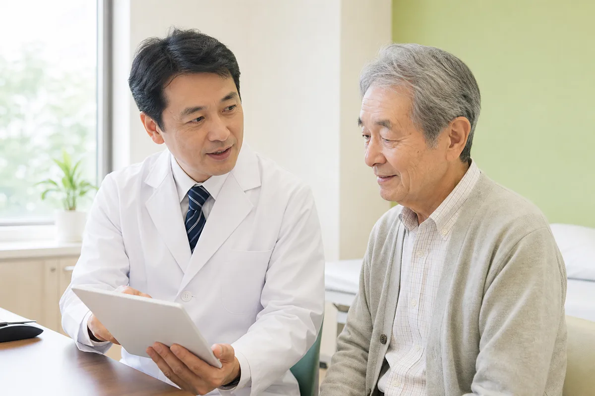 肺炎球菌ワクチンについて医師へ相談する高齢の男性