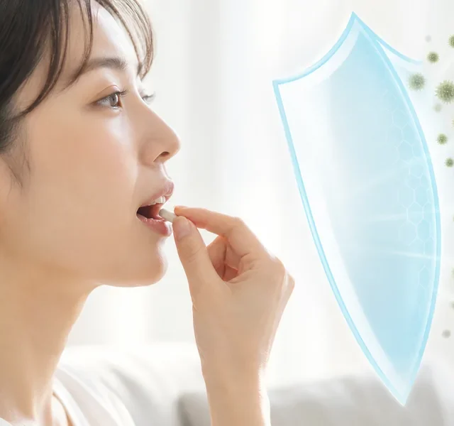 舌下免疫療法の薬を服用しスギ花粉・ダニのアレルゲンを抑えるイメージ
