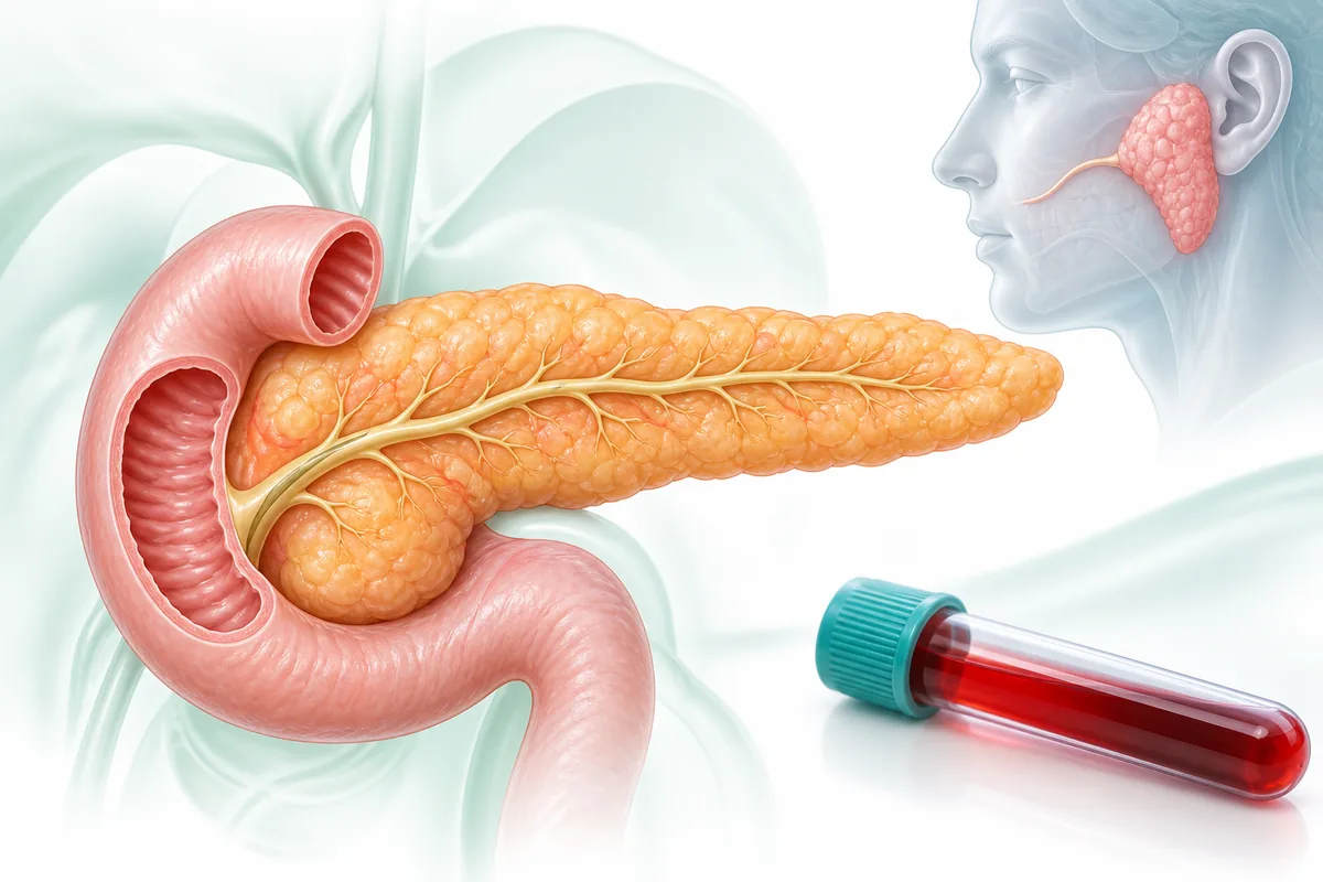 膵臓と唾液腺の由来を分けて考えるアミラーゼ血液検査の医療イラスト