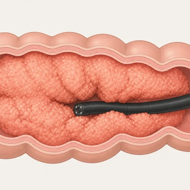 大腸内腔を狭める進行した腫瘍と、内腔から観察する大腸内視鏡を示した医療イラスト