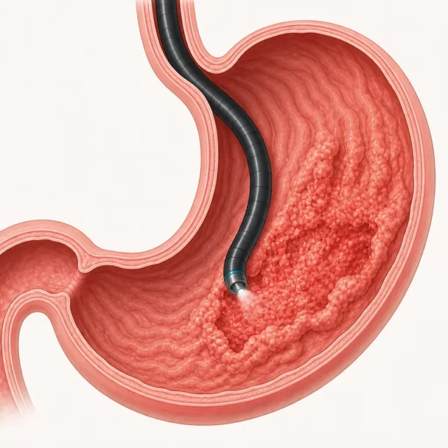 胃内の広い潰瘍性腫瘍と、食道から胃内へ進む胃カメラを示した医療イラスト