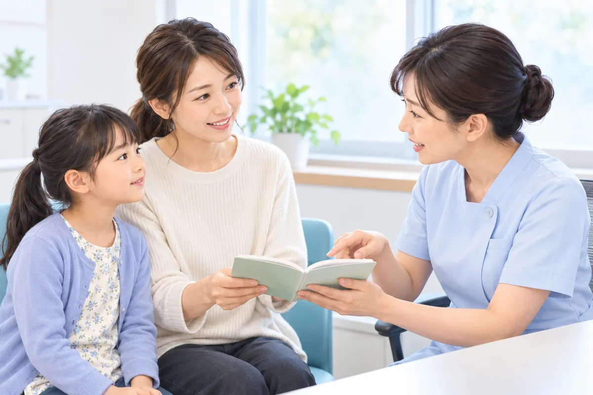 親子が医療スタッフとお薬手帳を見ながら、接種前の持病や服薬について相談する生成イメージ