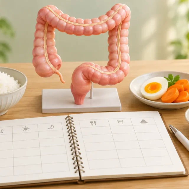 木のテーブルに腸の模型、ご飯、卵とにんじん、キウイ、食事記録ノートを並べた概念イラスト