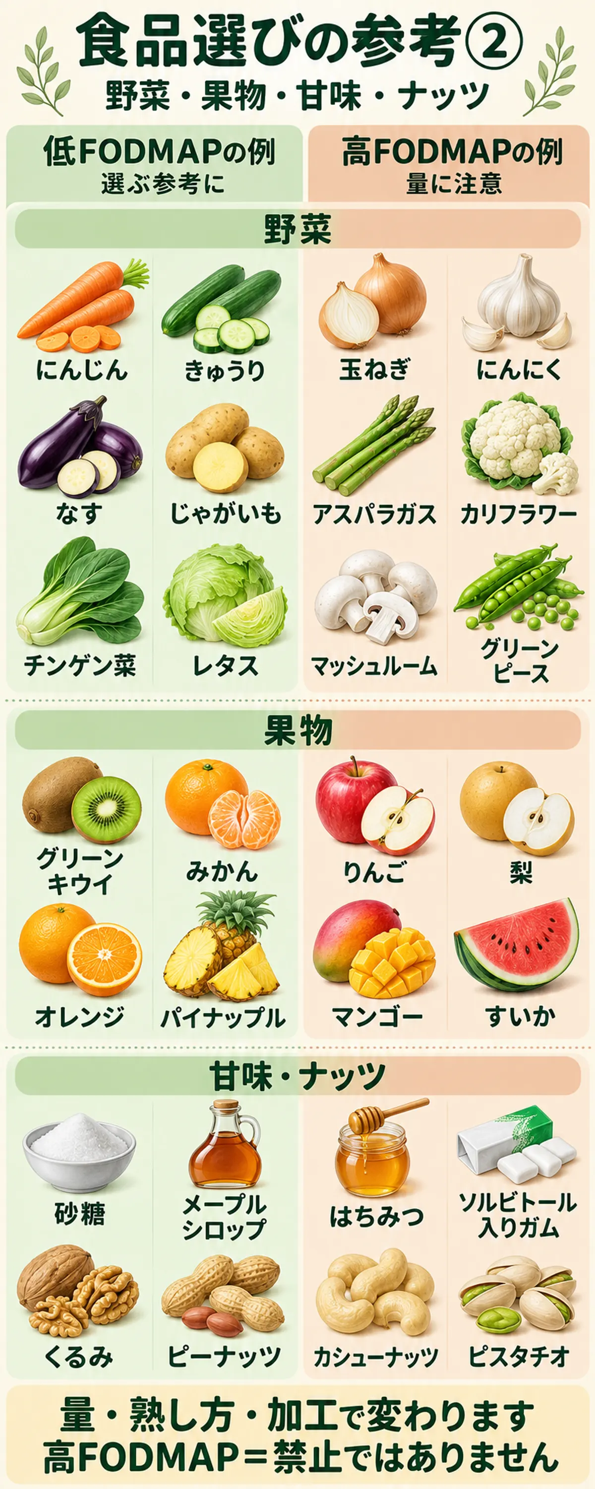 野菜・果物・甘味・ナッツ28種類の低FODMAPと高FODMAPの例。にんじん、グリーンキウイ、砂糖などと、玉ねぎ、りんご、はちみつなどを比較。量・熟し方・加工で変わり、高FODMAPは禁止を意味しない