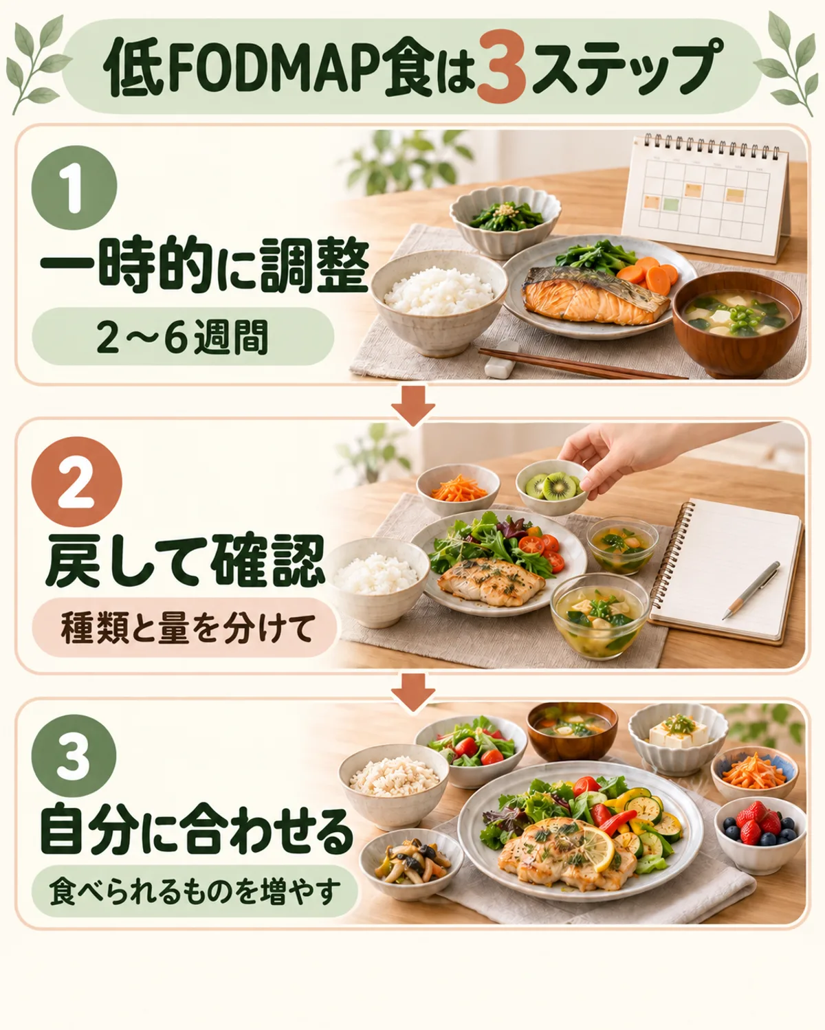 低FODMAP食の3段階。まず2〜6週間一時的に調整し、改善したら食品を戻して種類と量を確認し、食べられるものを増やす
