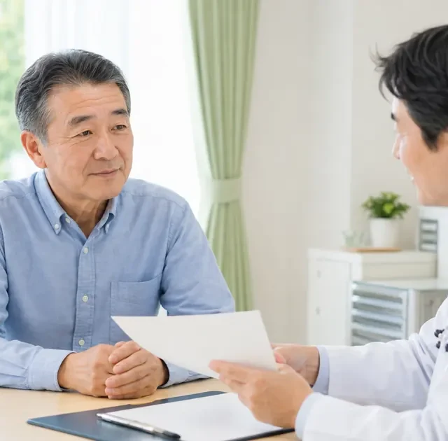 帯状疱疹ワクチンについて医師へ相談する50歳以上の男性